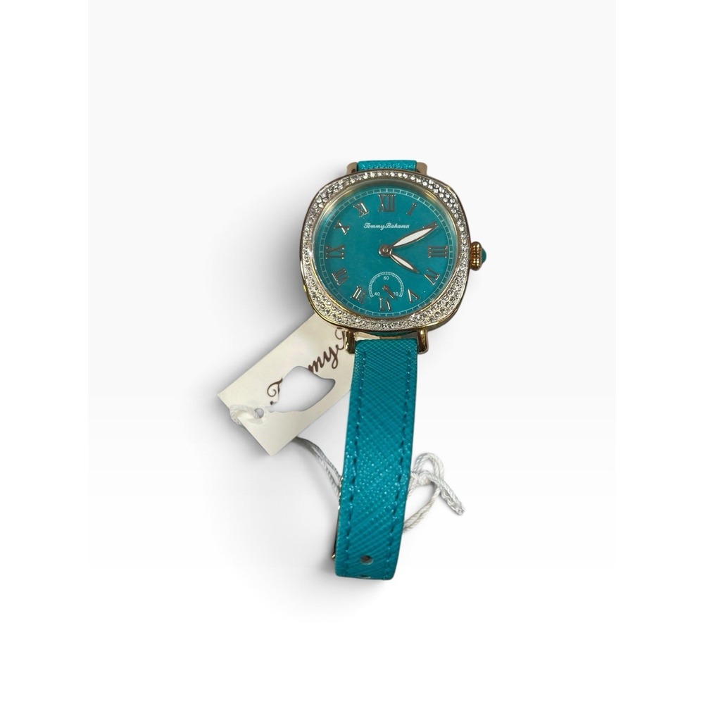 Tommy Bahama Teal Mother Pearl Dial Gold-Tone Watch Crystal Bezel Leather Strap
